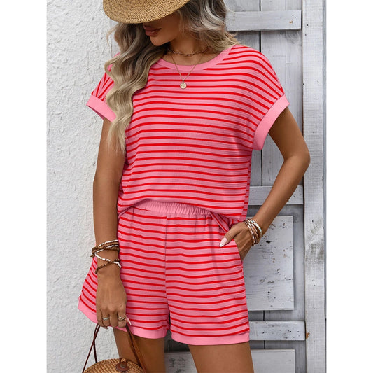 Round Neck Patchwork Short Sleeve & Shorts 2pcs Set