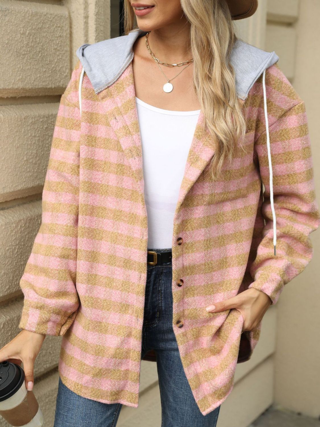 Drawstring Plaid Long Sleeve Hooded Jacket