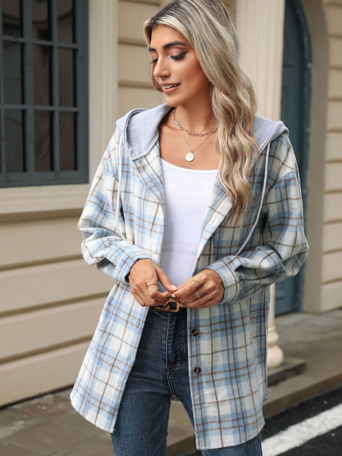 Drawstring Plaid Button Up Hooded Jacket