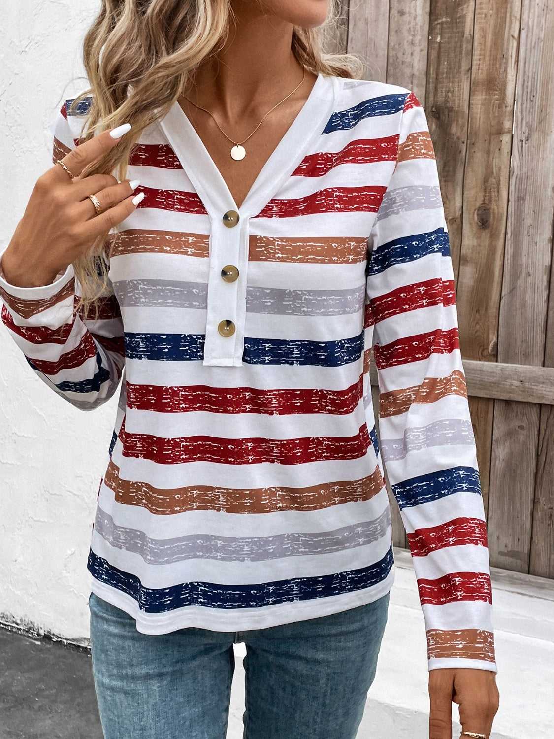 Contrast Striped V-Neck Long Sleeve T-Shirt